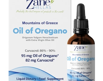 ZANE HELLAS Pure Greek Essential Oil of Oregano with 86 Percent Minimum Carvacrol,1 fl. oz.30 ml. 82 mg Carvacrol per Serving.Super 50.