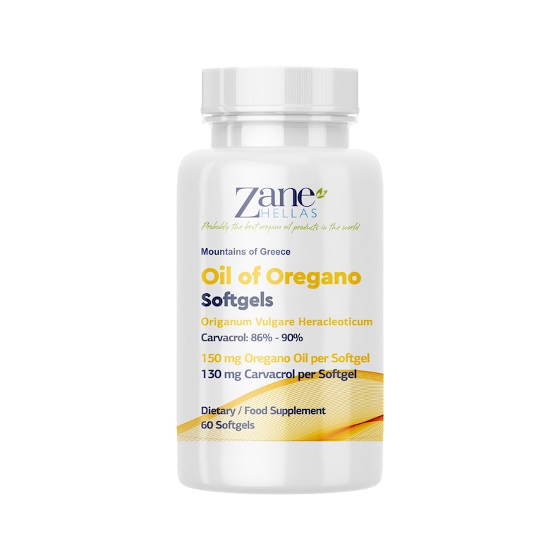 May include: A white plastic bottle of Zane Hellas Oil of Oregano softgels. The label features the text Mountains of Greece, Origanum Vulgare Heracleoticum, Carvacrol 86%-90%, 150 mg Oregano Oil per Softgel, 130 mg Carvacrol per Softgel, and 60 Softgels.