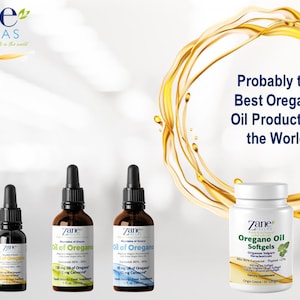May include: Five bottles of Zane Helllas Oil of Oregano, each containing 1 fl oz (30 ml) of oil. The bottles are brown glass with a dropper top. Two white bottles of Zane Helllas Oregano Oil Softgels, each containing 60 softgels. The bottles are labeled with the product name and ingredients. The text "Probably the Best Oregano Oil Products in the World" is written in a circle of yellow liquid.