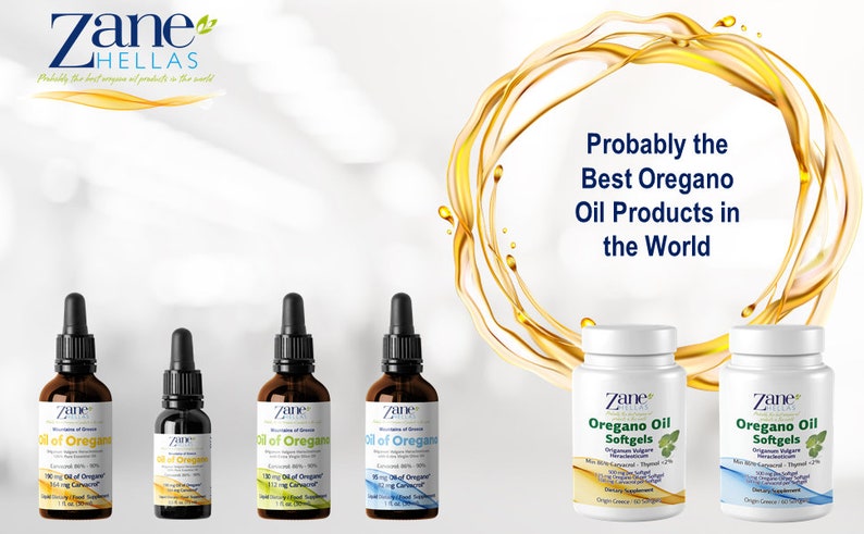 May include: Five bottles of Zane Helllas Oil of Oregano, each containing 1 fl oz (30 ml) of oil. The bottles are brown glass with a dropper top. Two white bottles of Zane Helllas Oregano Oil Softgels, each containing 60 softgels. The bottles are labeled with the product name and ingredients. The text "Probably the Best Oregano Oil Products in the World" is written in a circle of yellow liquid.