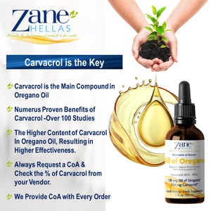May include: A brown glass bottle with a dropper, labeled "Zane HELLAS Oil of Oregano" with the text "Mountains of Greece" and "100% Pure Essential Oil". The bottle contains a yellow liquid and is sitting on a white background with text about the benefits of carvacrol.