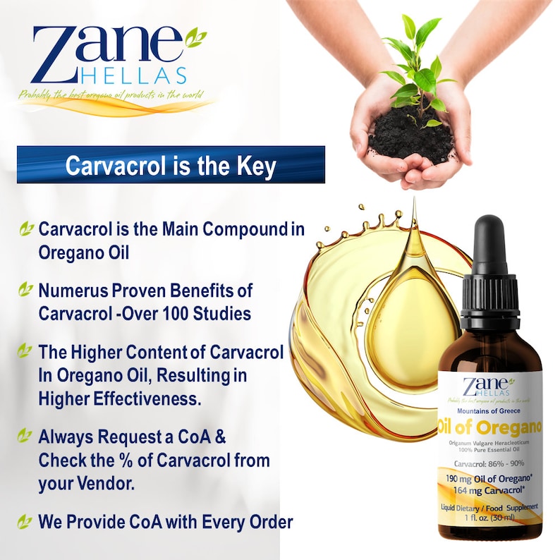 May include: A brown glass bottle with a dropper, labeled "Zane HELLAS Oil of Oregano" with the text "Mountains of Greece" and "100% Pure Essential Oil". The bottle contains a yellow liquid and is sitting on a white background with text about the benefits of carvacrol.