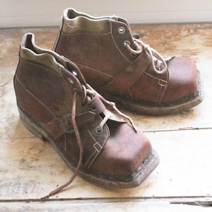Antique french child shoes with wooden Shoe sole / Mid century child leather shoes size 15cm