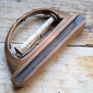 Rare Antique Wooden Textile Weaving Shuttle with original cotton thread- French Wood Weaving bobbin