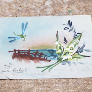 Peinture à la main gratuite de carte postale en celluloïd antique des années 1900 par Rose Leveleux « Muguet porte Bonheur »
