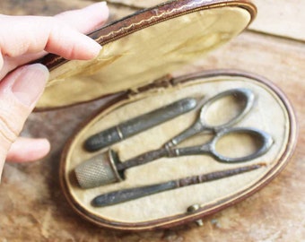 Antique Vintage French Cased Sewing Tools / beginning of 20th century Scissor, needle case, stiletto   and Thimble, with cartonnage box