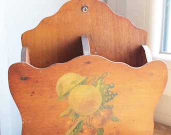 Vintage Wooden Cutlery Holder with sign of artist/ Antique French Utensil Storage Wall Mounted Box motif fruits