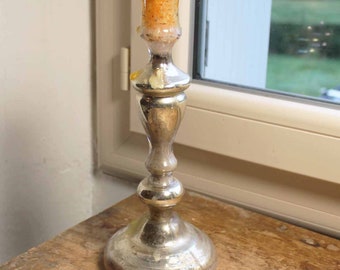 Rare Antique french mercury single glass candle stand / vintage hand blown silver glass candle stand / 19th century glass