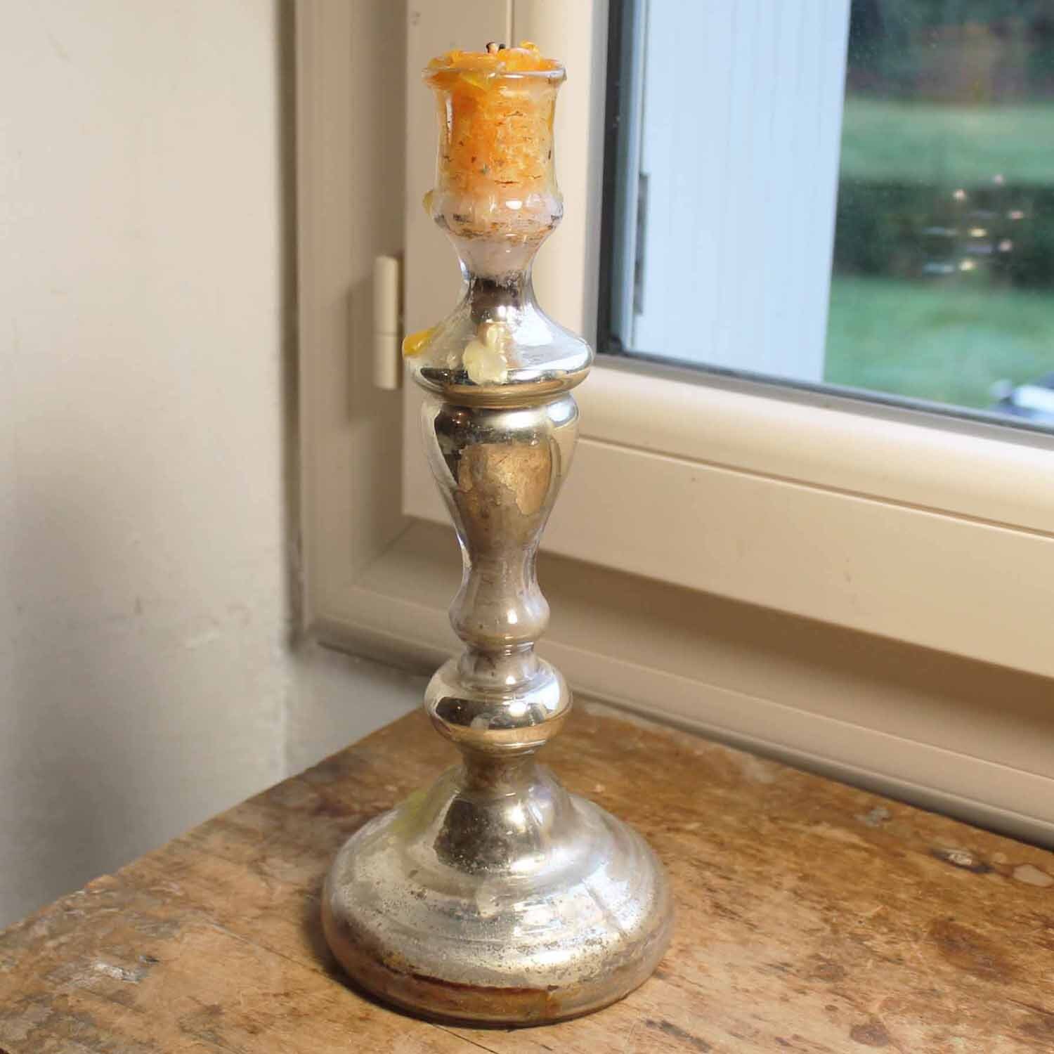 Rare Antique Français Mercure Simple Support de Bougie en Verre/Vintage Soufflé à La Main Argenté Du