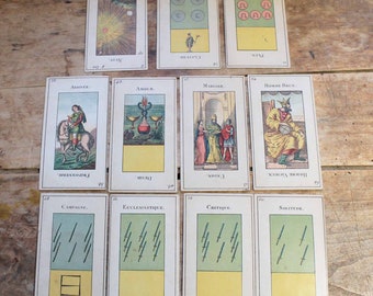 Rare Antique French playing card (12cards) beginning of 20th century antique Tarot?  Oracle? cards with French writing