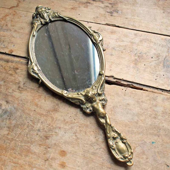 Antique Hand Mirror Angel Motif Vintage Brass Vanity Antique Hand Mirror Angel Motif