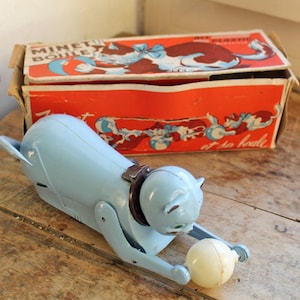 Raro juguete de relojería antiguo CAT (sin grietas ni restauración), juguete mecánico vintage de Marsella, Francia / caja original