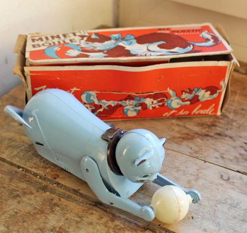 Rare Antique clock work toy CAT (no crack nor restoration), Vintage mechanical toy by Marseille France / original box
