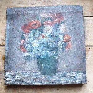 Painting of flowers, mid century, Oil on canvas, French signed, Flower Still Life