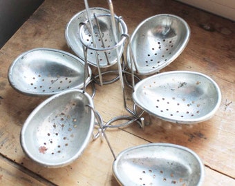 Vintage Poached Egg Moulds X 6 Rare with stand/ Vintage poached egg mold set of 6 with stand