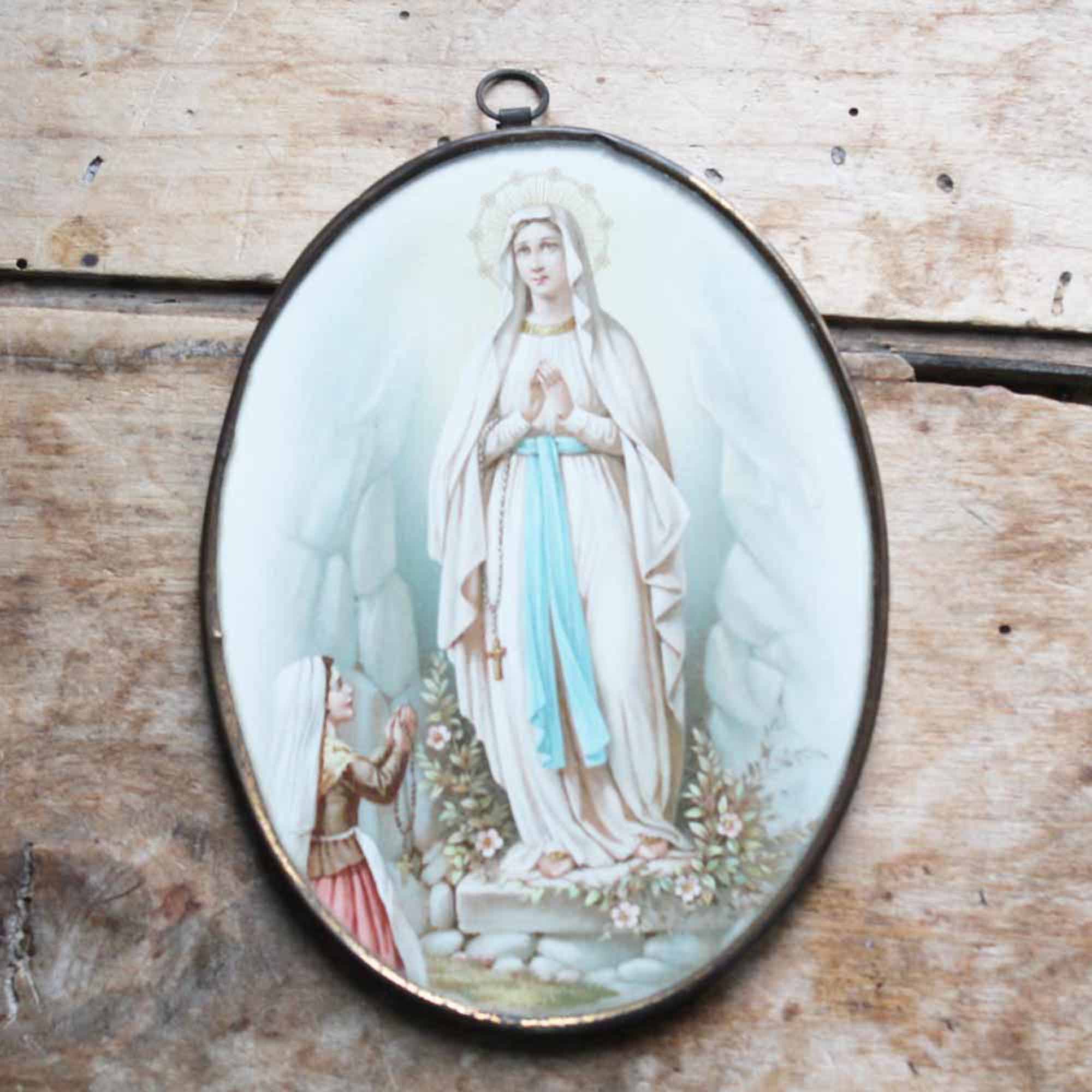 Cadre en Métal et Verre Du Milieu Siècle avec Image de La Vierge Marie