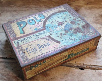 Antique French tin box for biscuits/Gaufrettes maker Felix Potin Paris, Theme ' Polo'