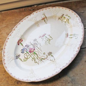 End of 19th century Longwy grand oval plate Art nouveau / antique french ironstone oval plate flowers