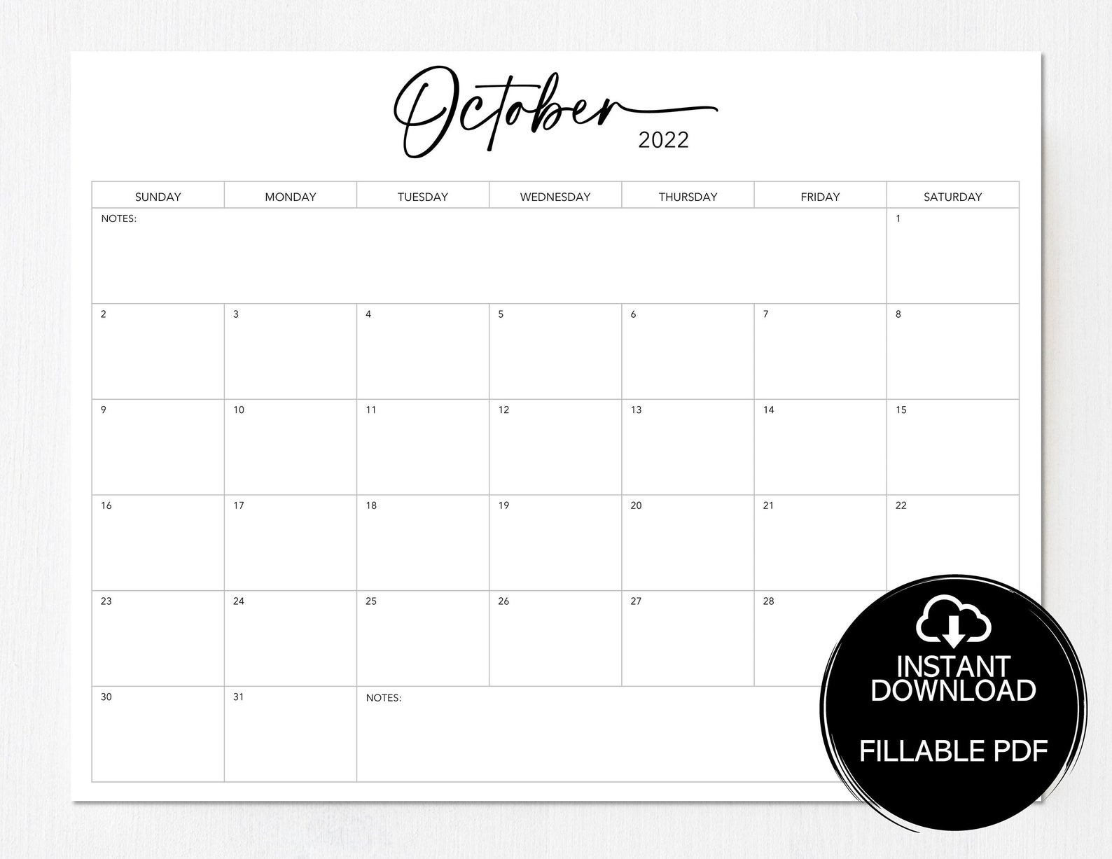 Printable/fillable October Calendar 2022 Planner October Etsy