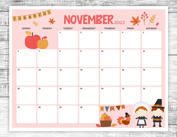 Thanksgiving 2022 Calendar Printable November Calendar 2022 Thanksgiving November 2022 | Etsy Australia