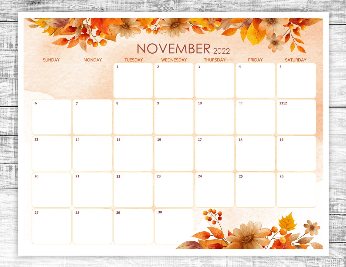 Printable November Calendar 2022 Thanksgiving November 2022 Etsy New