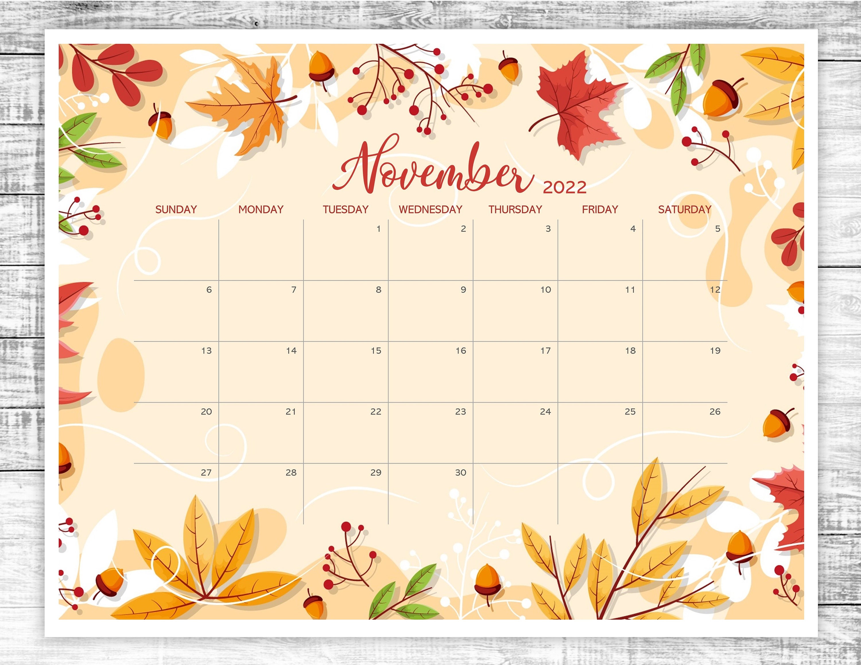 Printable November Calendar 2022 Thanksgiving November Etsy Australia