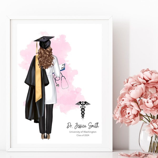 Personalized Doctor Graduation Print, Graduation Girl Print, Doctor Graduation Portrait, Doctor Graduation Gift, Medical Degree Gift for Her