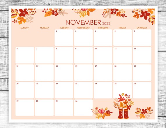 printable november calendar 2022 thanksgiving november 2022 etsy