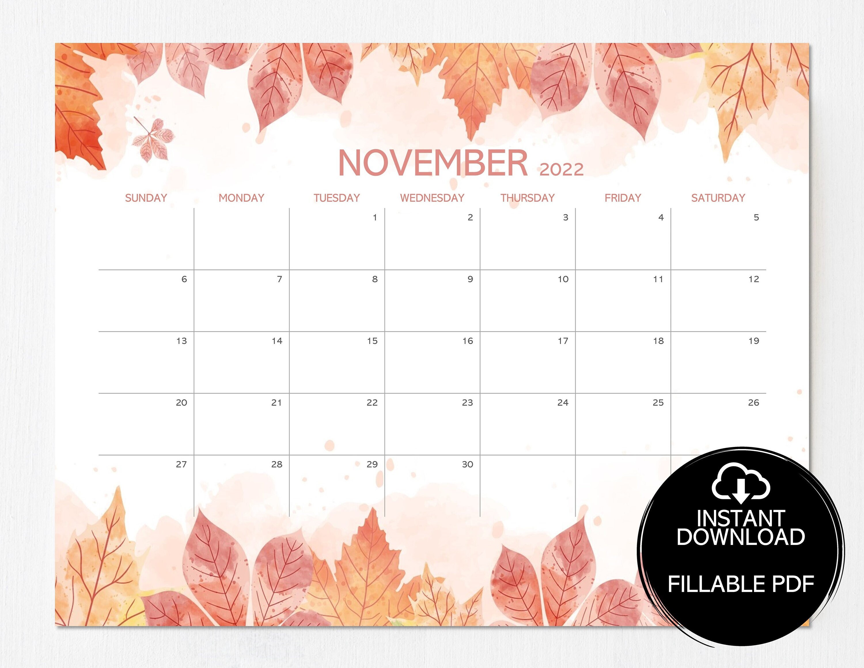 Editable November 2022 Calendar, November 2022 Calendar Printable