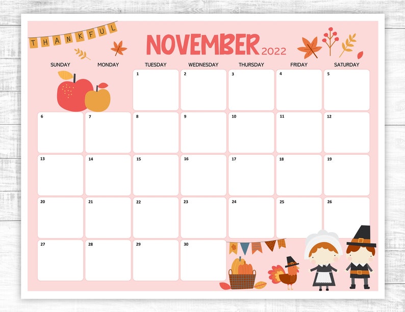 Printable fillable November Calendar 2022 Thanksgiving Etsy Australia
