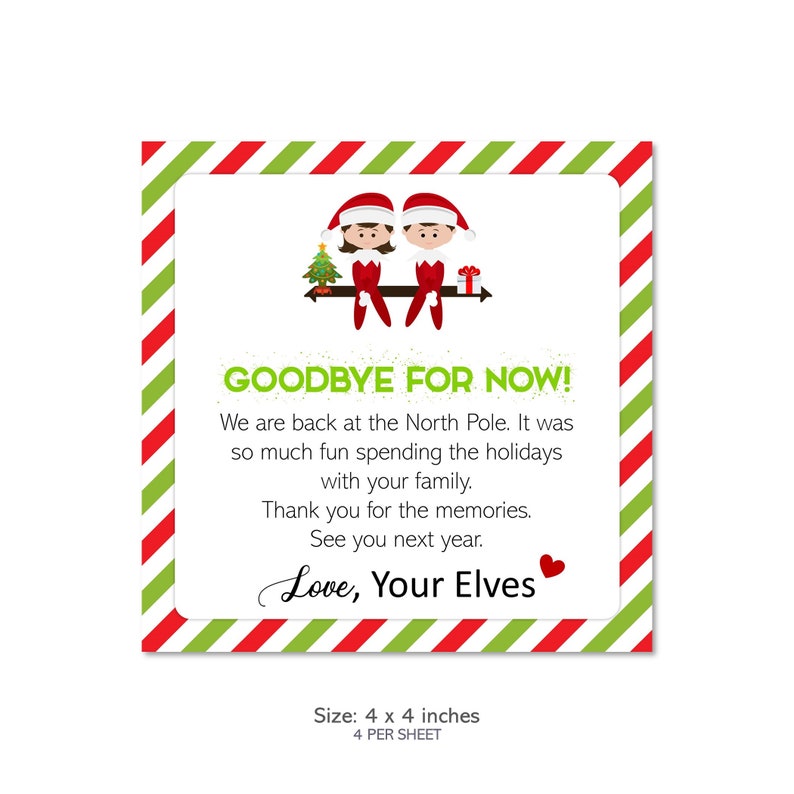 Printable Elf Goodbye Gift Tags Elf Goodbye Cookie Tags Elf | Etsy
