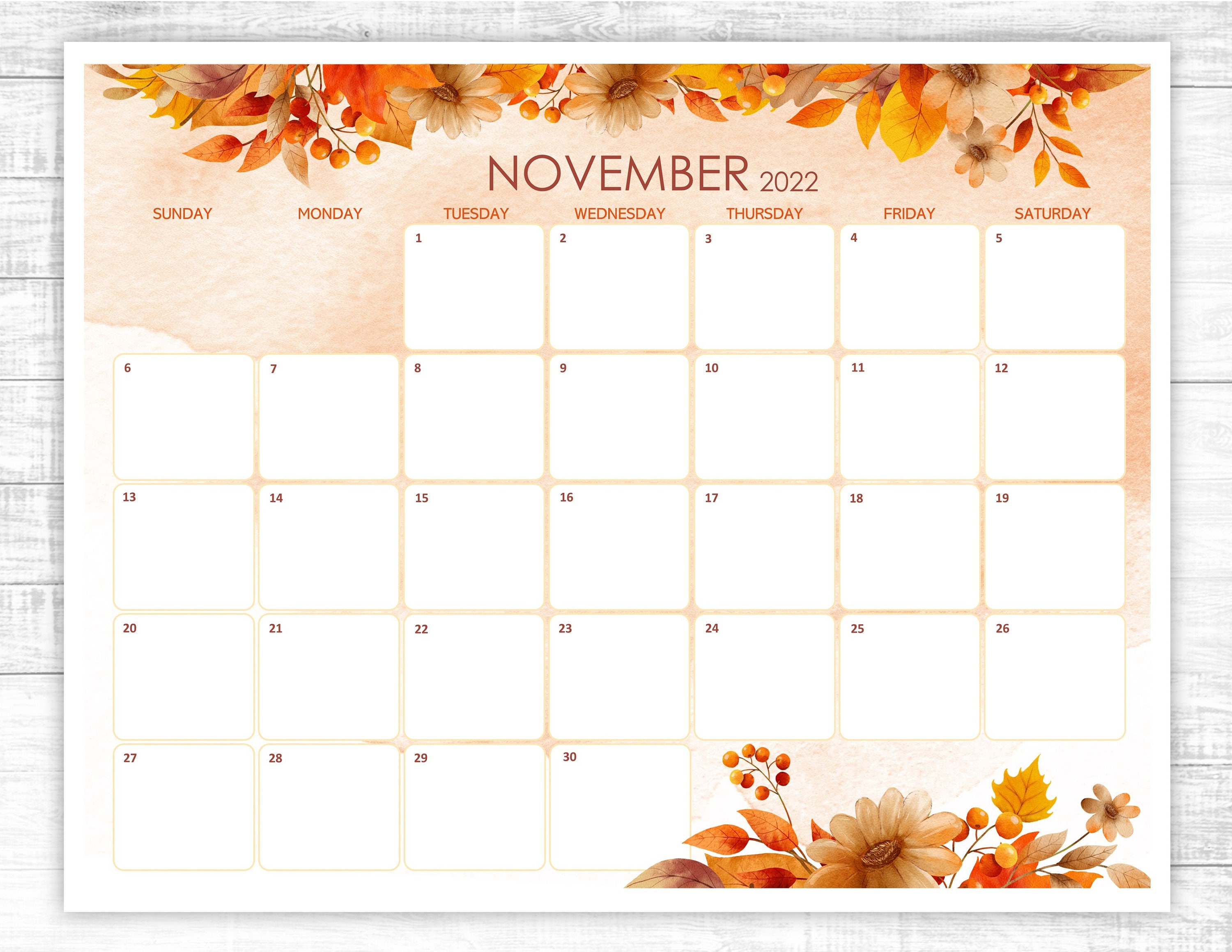 printable fillable november calendar 2022 thanksgiving etsy