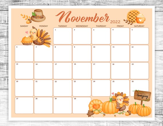 Printable November Calendar 2022 Thanksgiving November | Etsy Australia