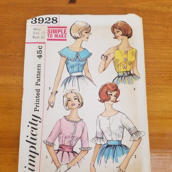 1960's Simplicity 3928 Sewing Pattern - Low Round Scoop Neckline Front Button Blouse, Sleeveless Elbow Sleeves, Ruffle Trim Wide Collar - 12