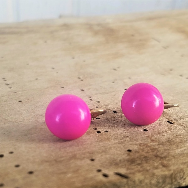 Cute Vintage 1960's Hot Pink Neon Small Tiny Button Round Circle Dome Fun Gold Clip On Earrings