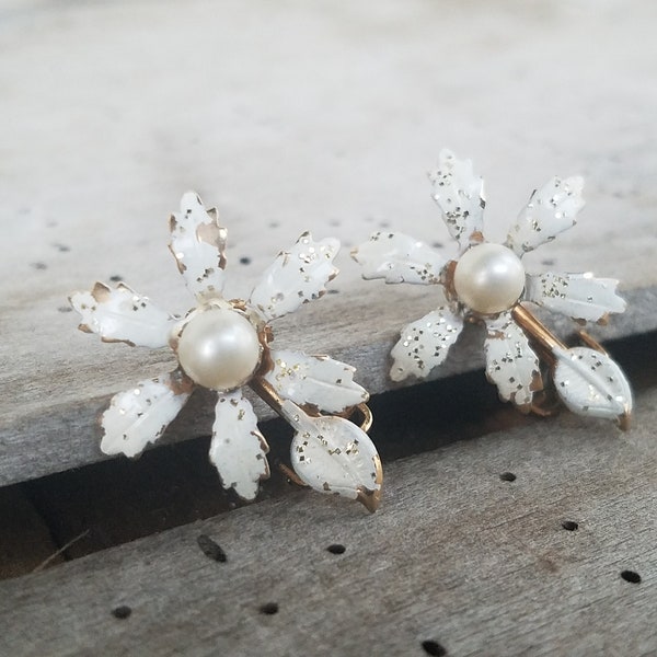 Lovely Vintage 1960's White Flower Speckled Gold Tone Metal Molded White Faux Pearl Bead Leaf Signed Designer Crown Trifari Clip On Earrings