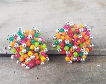 Fun Vintage 1950's Rainbow Silver Pink Yellow Green Cluster Bead Large Statement Hippie Clip On Earrings