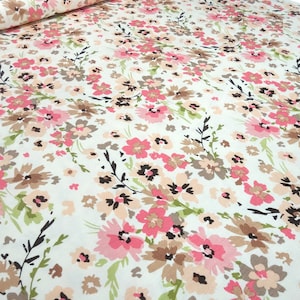 Fabric viscose jersey floral print off-white green brown beige coral apricot dress fabric
