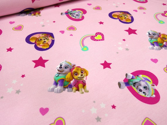 Fabric Cotton Jersey Paw Patrol Hearts Pink Colorful Children s