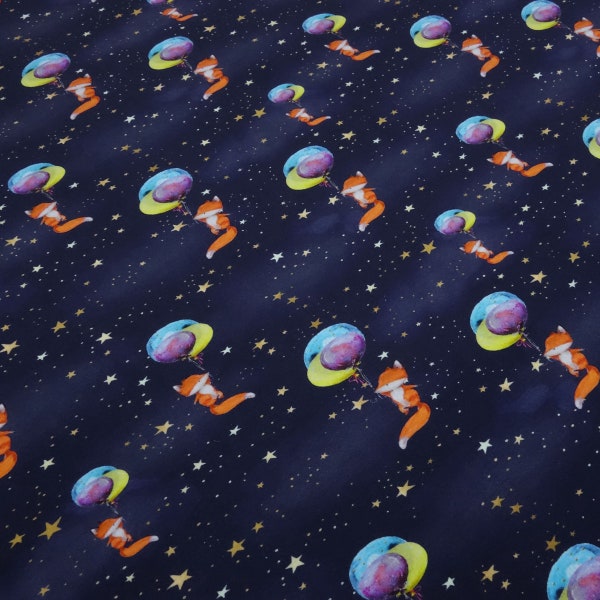 Fabric cotton jersey foxes balloon stars navy blue orange colorful children's fabric clothing fabric Katinoh