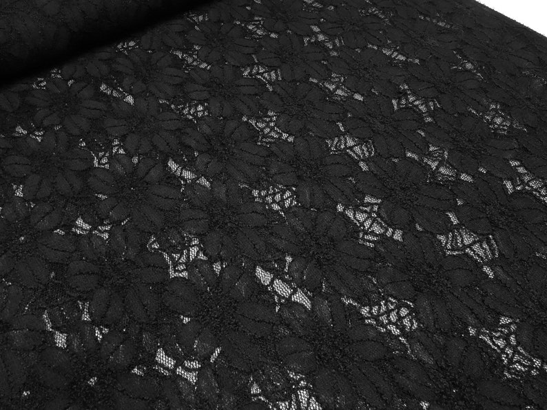 Stoff Spitze Spitzenstoff elastisch mit Blumenmuster schwarz Kleiderstoff