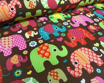 Fabric cotton jersey elephants flowers hearts brown colorful children's fabric dress fabric Little Darling