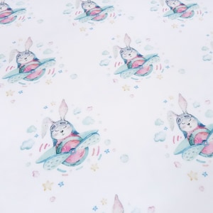 Fabric cotton French Terry sweatshirt fabric rabbits aviators airplanes white colorful children&#39;s fabric dress fabric