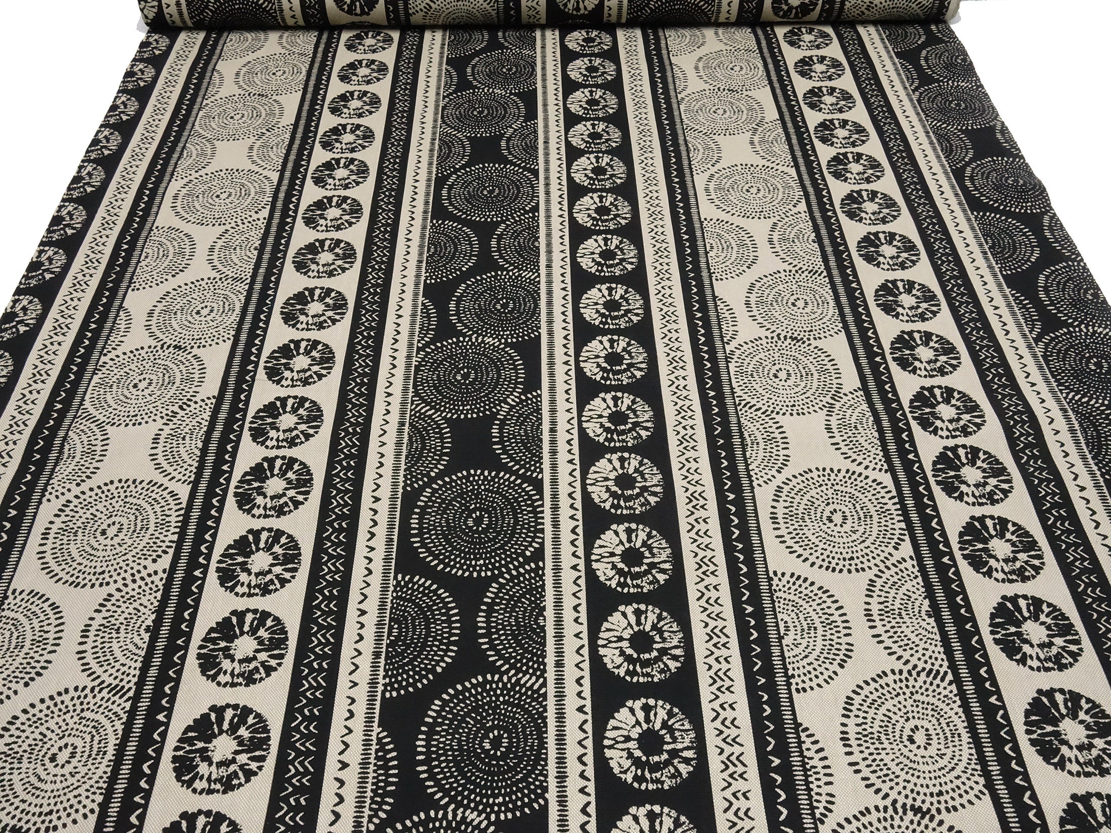 Fabric Cotton Ornaments Circles Stripes Natural Black Dress Fabric