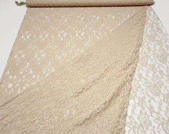 Tissu en dentelle extensible avec fleurs, roses, vrilles, design, tissu beige pour robe sable