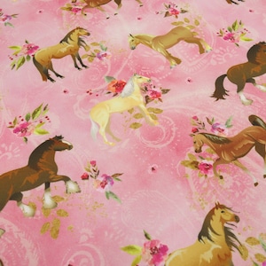 May include: Pink fabric with a repeating pattern of brown and gold horses and floral bouquets.