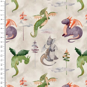 Fabric cotton jersey dragon design sand beige green red colorful children's clothing fabric