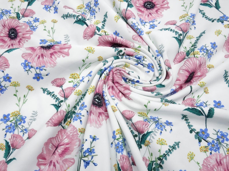 Fabric cotton jersey with flowers flowers flower meadow design white pink green yellow colorful dress fabric
