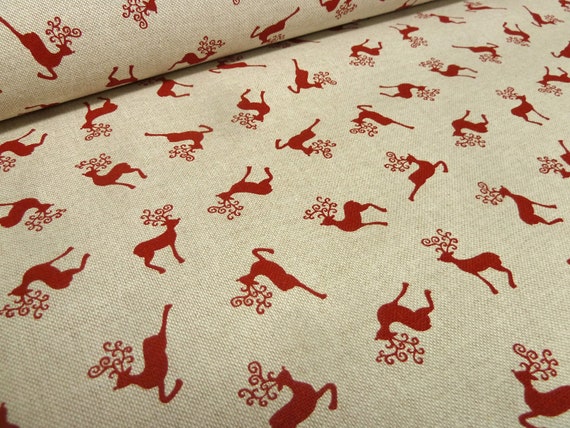 Stoff Baumwolle Dekostoff Hirsche Rentiere Trachtenstoff natur rot Kleiderstoff