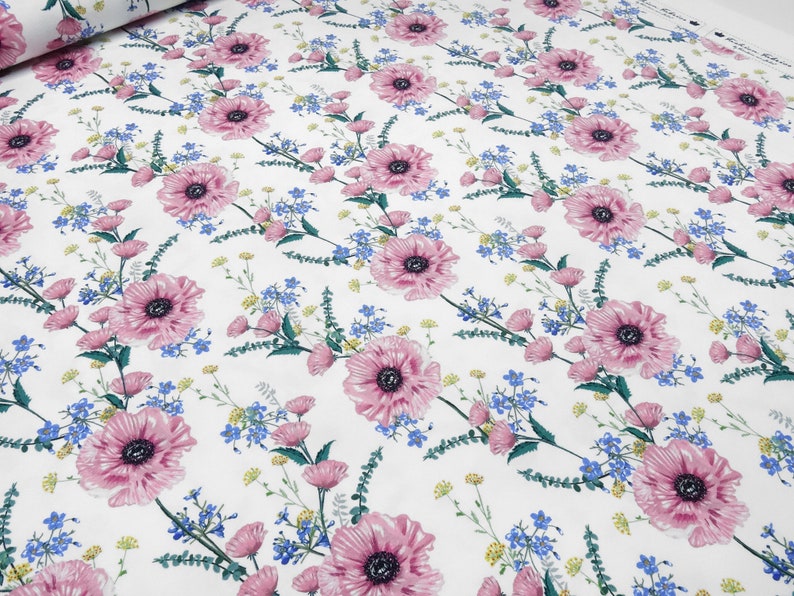 Fabric cotton jersey with flowers flowers flower meadow design white pink green yellow colorful dress fabric